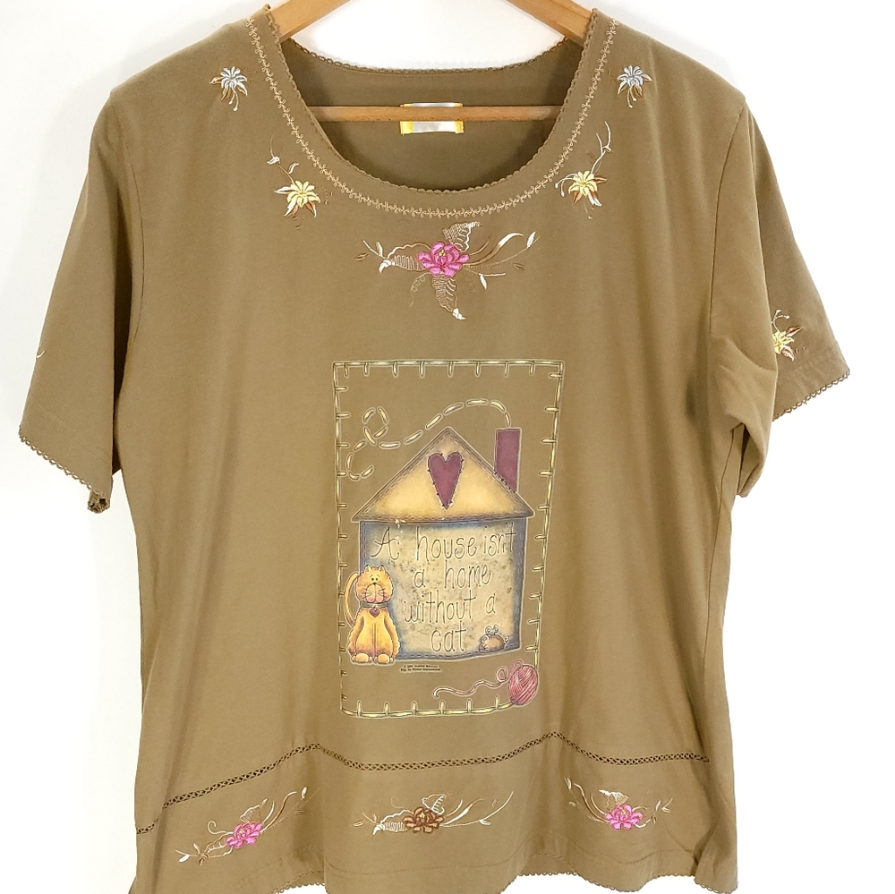 House Isn't a Home Without Cat Graphic Top Women's XL Embroidered T C Fashion
